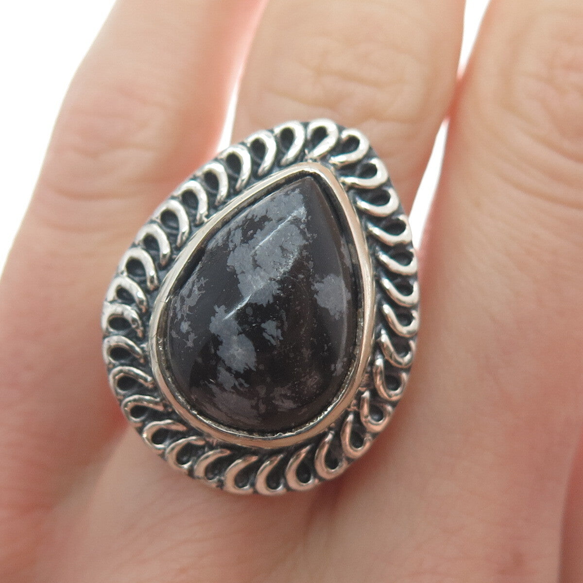 925 Sterling Silver Vintage Pear-Cut Snowflake Obsidian Oxidized Ring Size 9