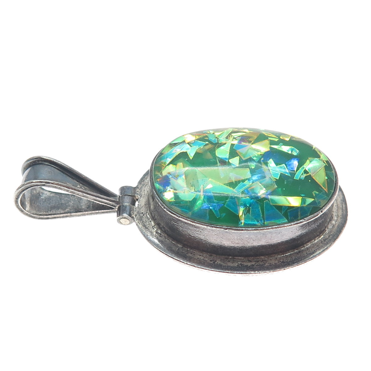 925 Sterling Silver Vintage Mexico Roman Glass Inlay Oxidized Charm Pendant