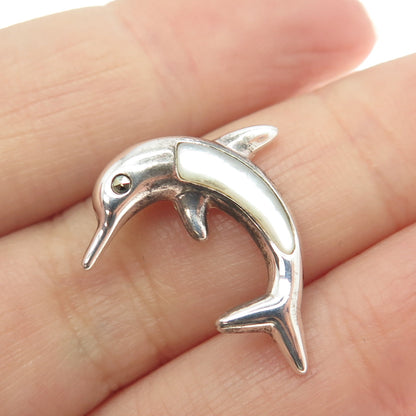 925 Sterling Silver Vintage Real Mother-of-Pearl Friendly Dolphin Slide Pendant