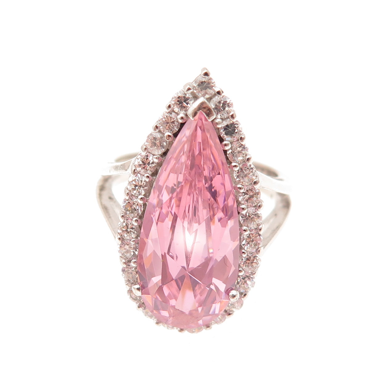 925 Sterling Silver Pear-Cut Pink & Round-Cut White C Z Ring Size 7