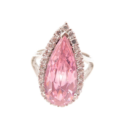 925 Sterling Silver Pear-Cut Pink & Round-Cut White C Z Ring Size 7
