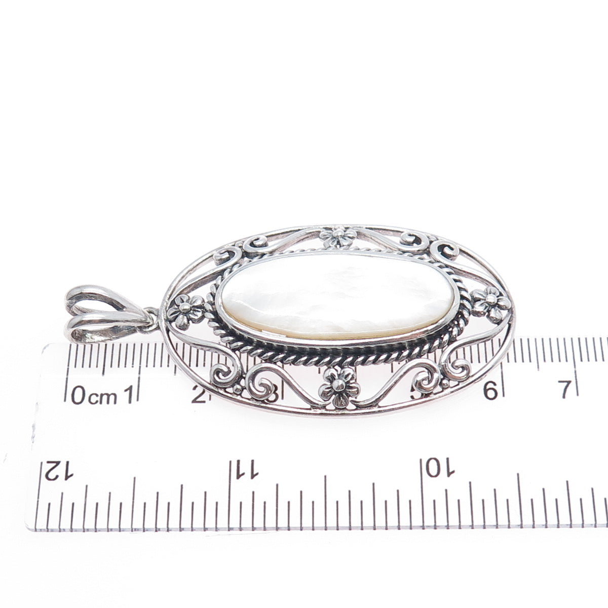 CFJ Collins Fine 925 Sterling Silver Vintage Real MOP Flower Oxidized Pendant