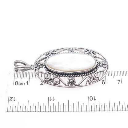 CFJ Collins Fine 925 Sterling Silver Vintage Real MOP Flower Oxidized Pendant