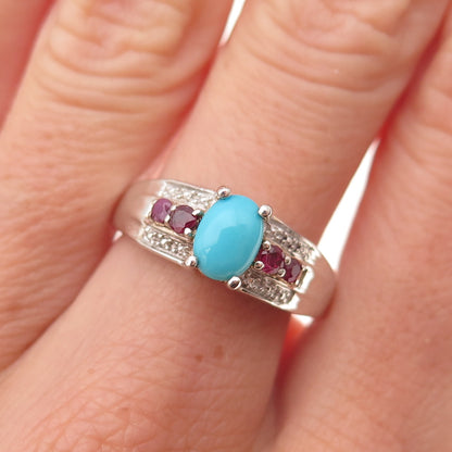 Chuck Clemency 925 Sterling Silver Real Turquoise & Ruby Ring Size 8.25
