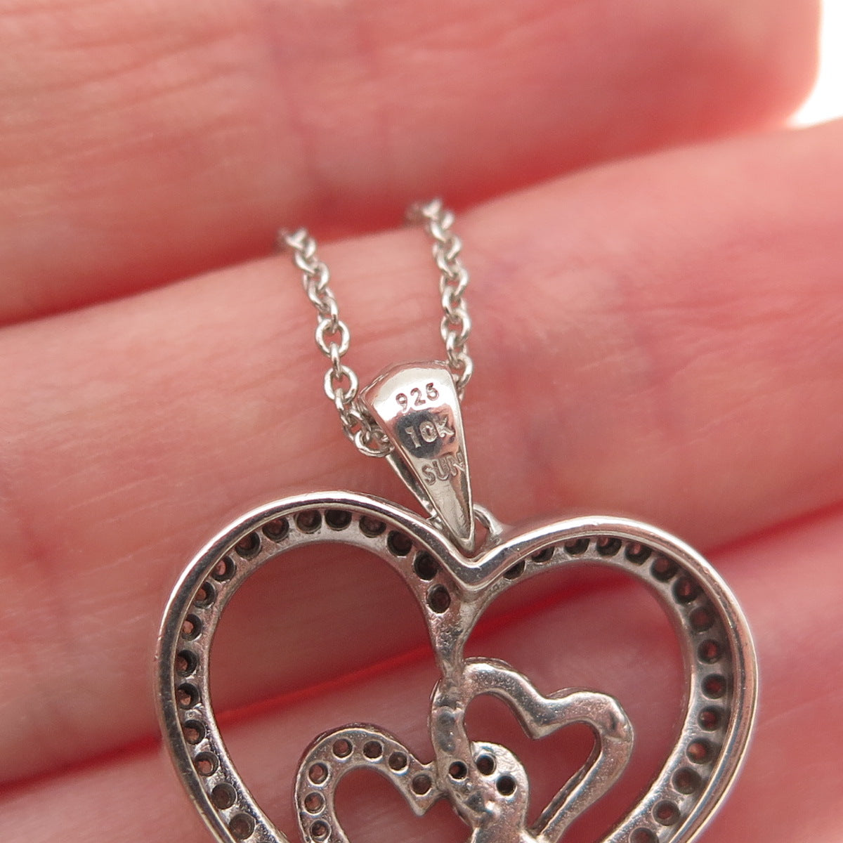 Sun 925 Sterling Silver 10K Gold Real Diamond Heart Cable Chain Necklace 18"