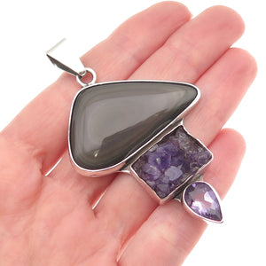 Charles Albert 925 Sterling Silver Vintage Real Gray Obsidian & Amethyst Pendant