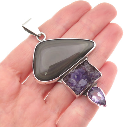Charles Albert 925 Sterling Silver Vintage Real Gray Obsidian & Amethyst Pendant