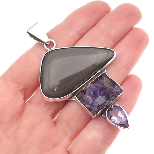 Charles Albert 925 Sterling Silver Vintage Real Gray Obsidian & Amethyst Pendant