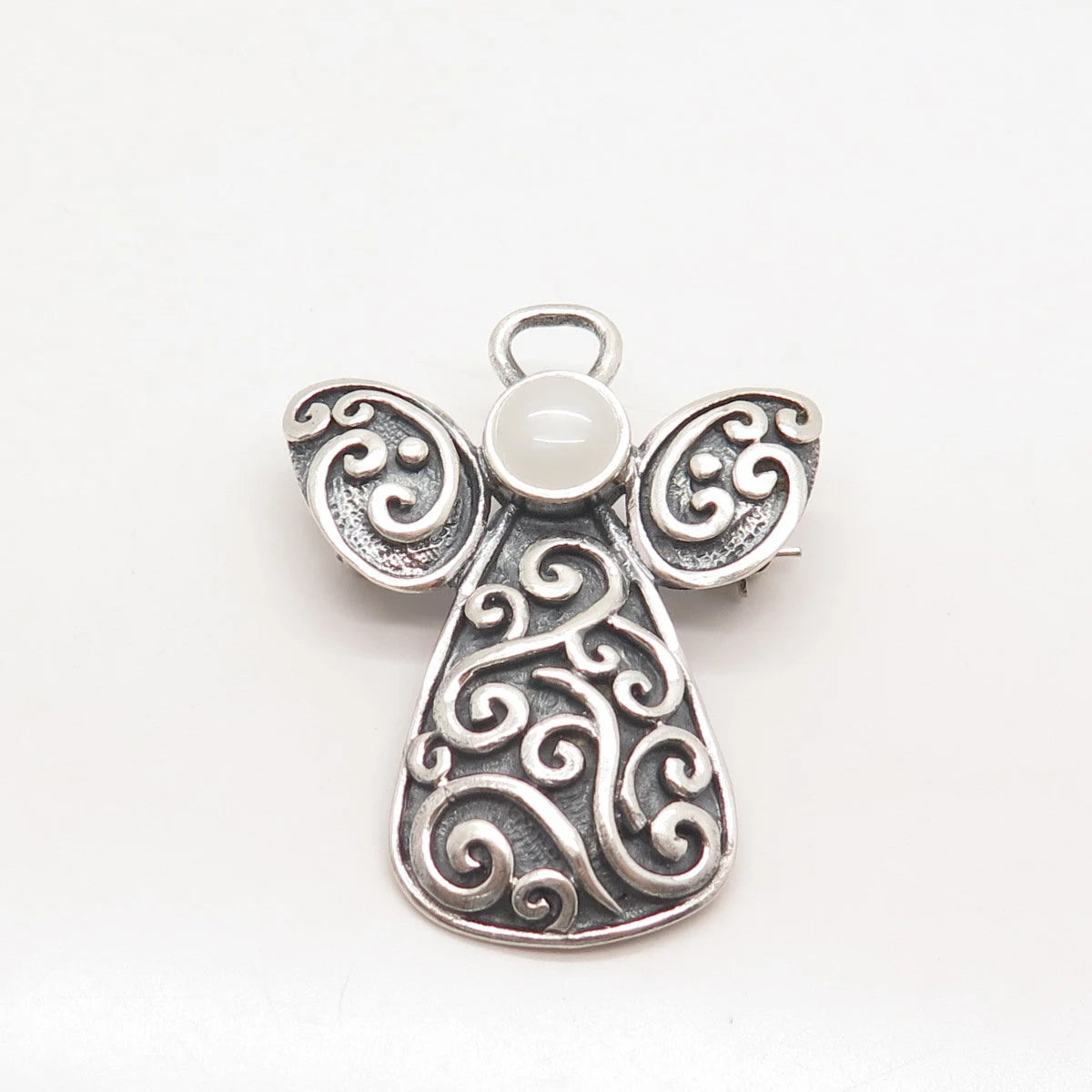 925 Sterling Silver Vintage Milky Chalcedony Gem Ornate Angel Pin Brooch/Pendant