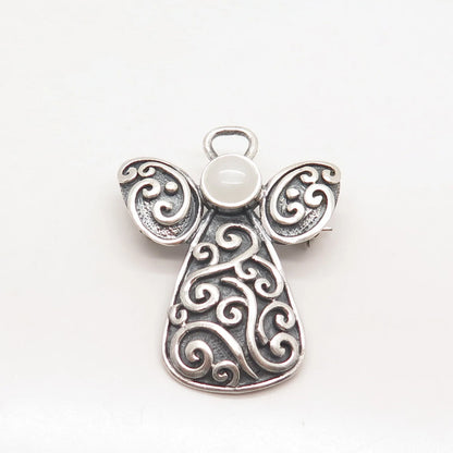 925 Sterling Silver Vintage Milky Chalcedony Gem Ornate Angel Pin Brooch/Pendant