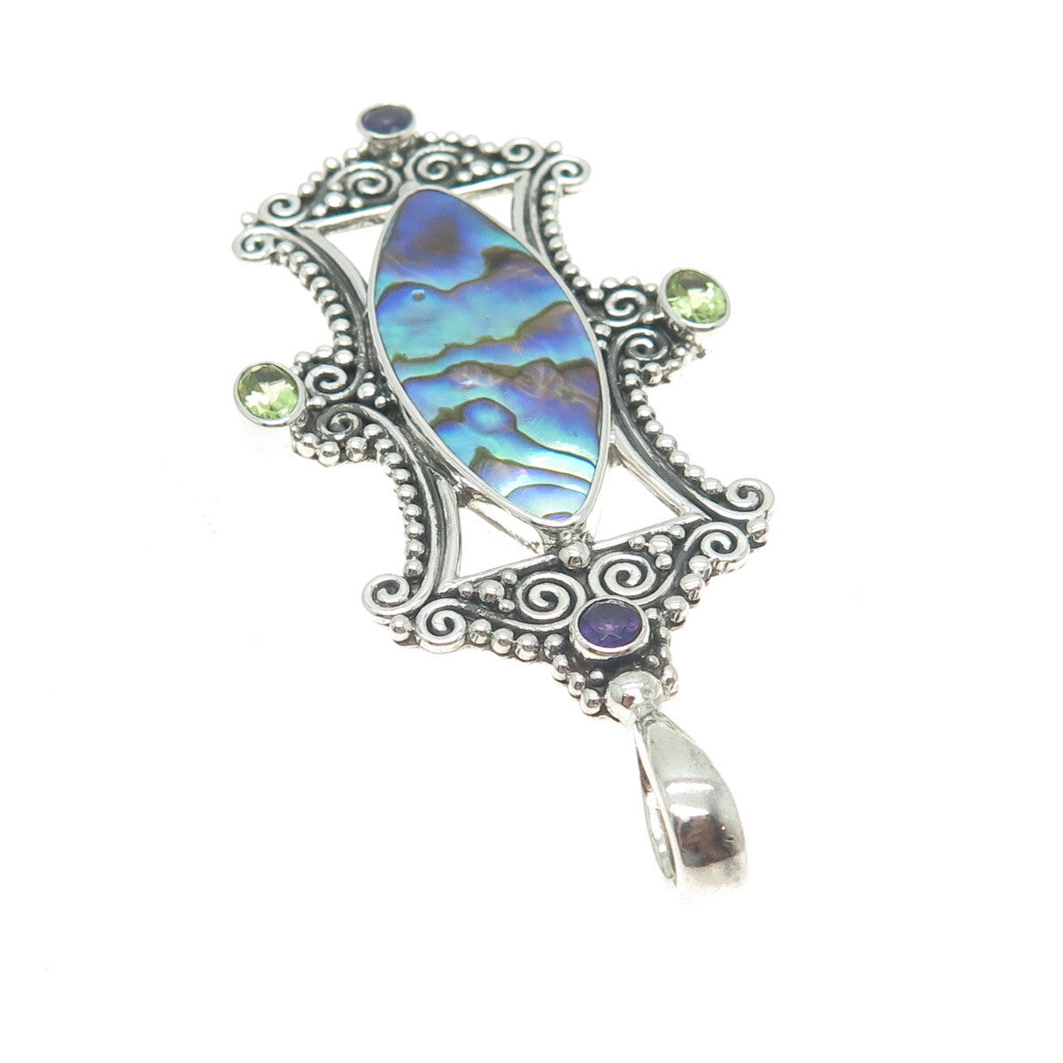 SAJEN 925 Sterling Vintage Abalone Shell Peridot & Amethyst Gem Ornate Pendant