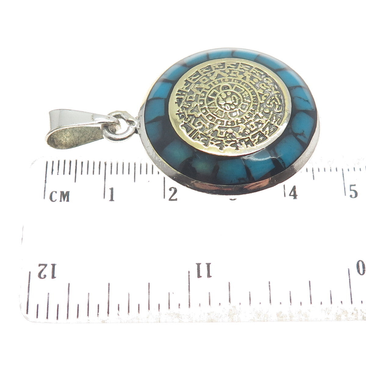 925 Sterling 2-Tone Vintage Turquoise & Abalone Shell Mayan Calendar Pendant