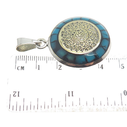 925 Sterling 2-Tone Vintage Turquoise & Abalone Shell Mayan Calendar Pendant