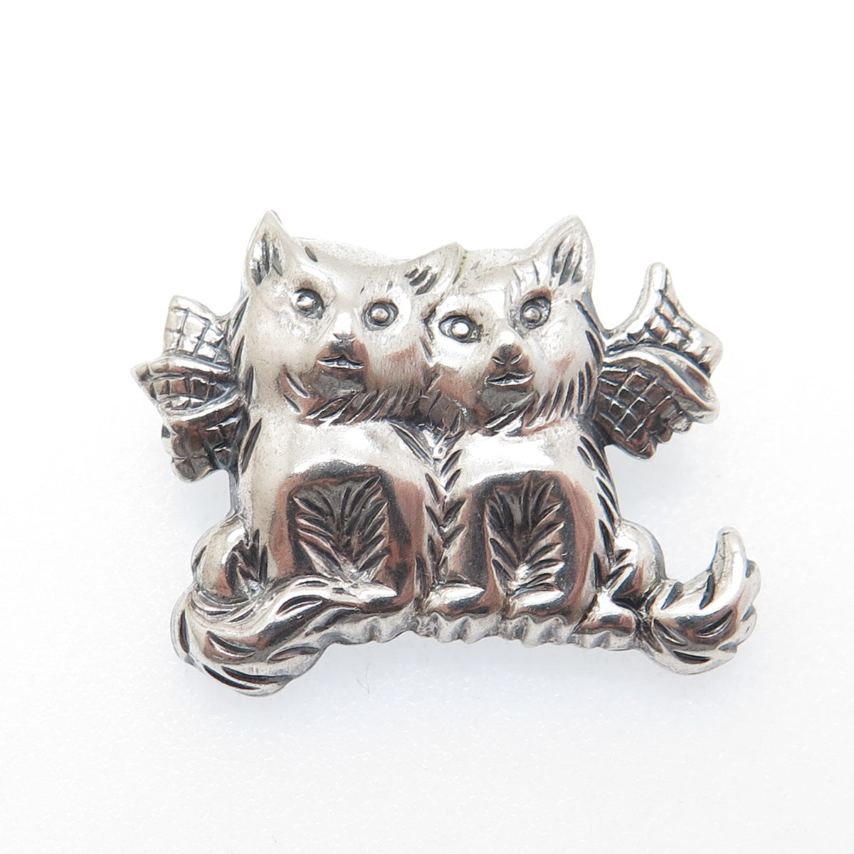 BEAU 925 Sterling Silver Vintage Kitty Cat Couple Oxidized Pin Brooch