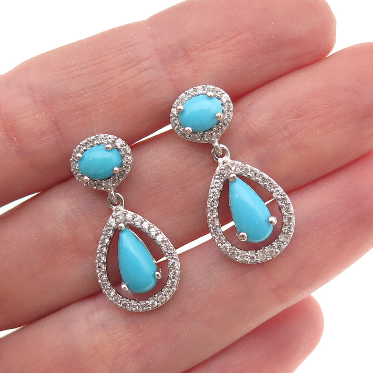 925 Sterling Silver Real Sleeping Beauty Turquoise & White Topaz Dangle Earrings