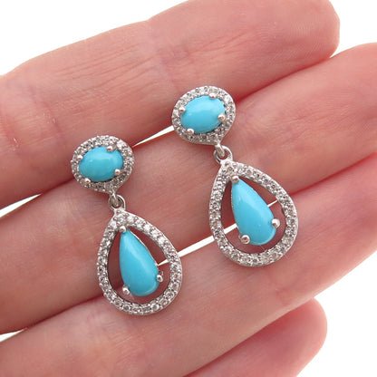 925 Sterling Silver Real Sleeping Beauty Turquoise & White Topaz Dangle Earrings