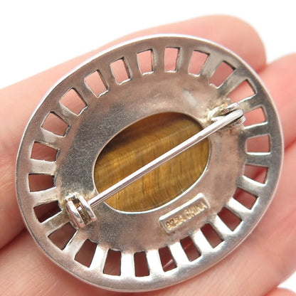 925 Sterling Silver Vintage Real Tiger Eye Gem Ornate Oval Pin Brooch