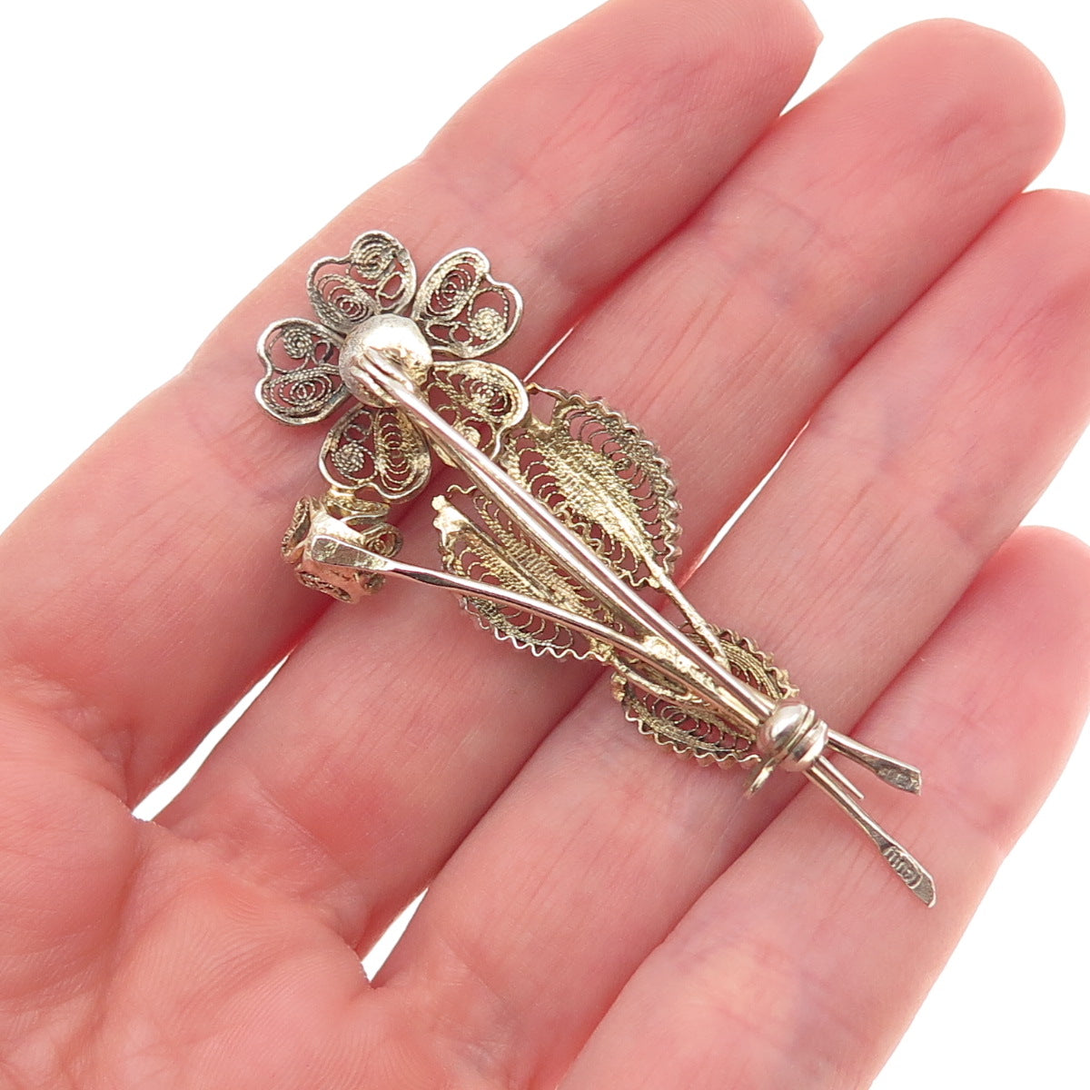 800 Silver Gold Plated Vintage Italy Floral Filigree Pin Brooch