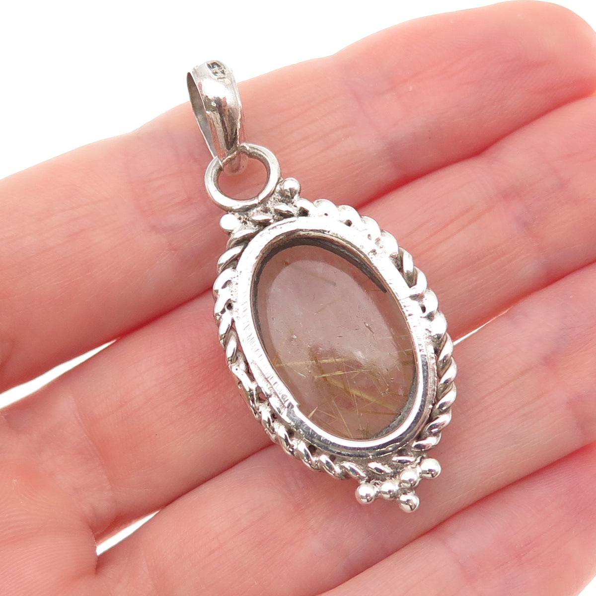 925 Sterling Silver Vintage Real Rutilated Quartz Oxidized Charm Pendant