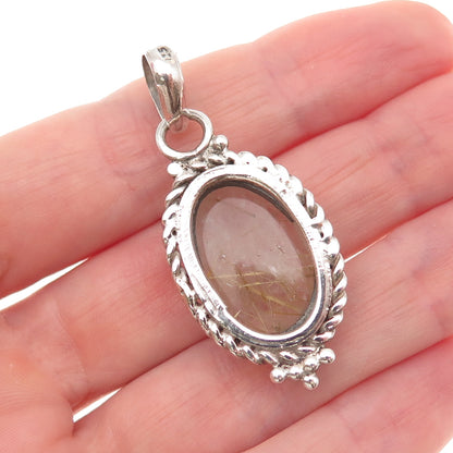 925 Sterling Silver Vintage Real Rutilated Quartz Oxidized Charm Pendant