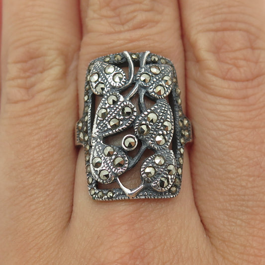 925 Sterling Silver Vintage Real Marcasite Floral Leaf Oxidized Ring Size 7.75