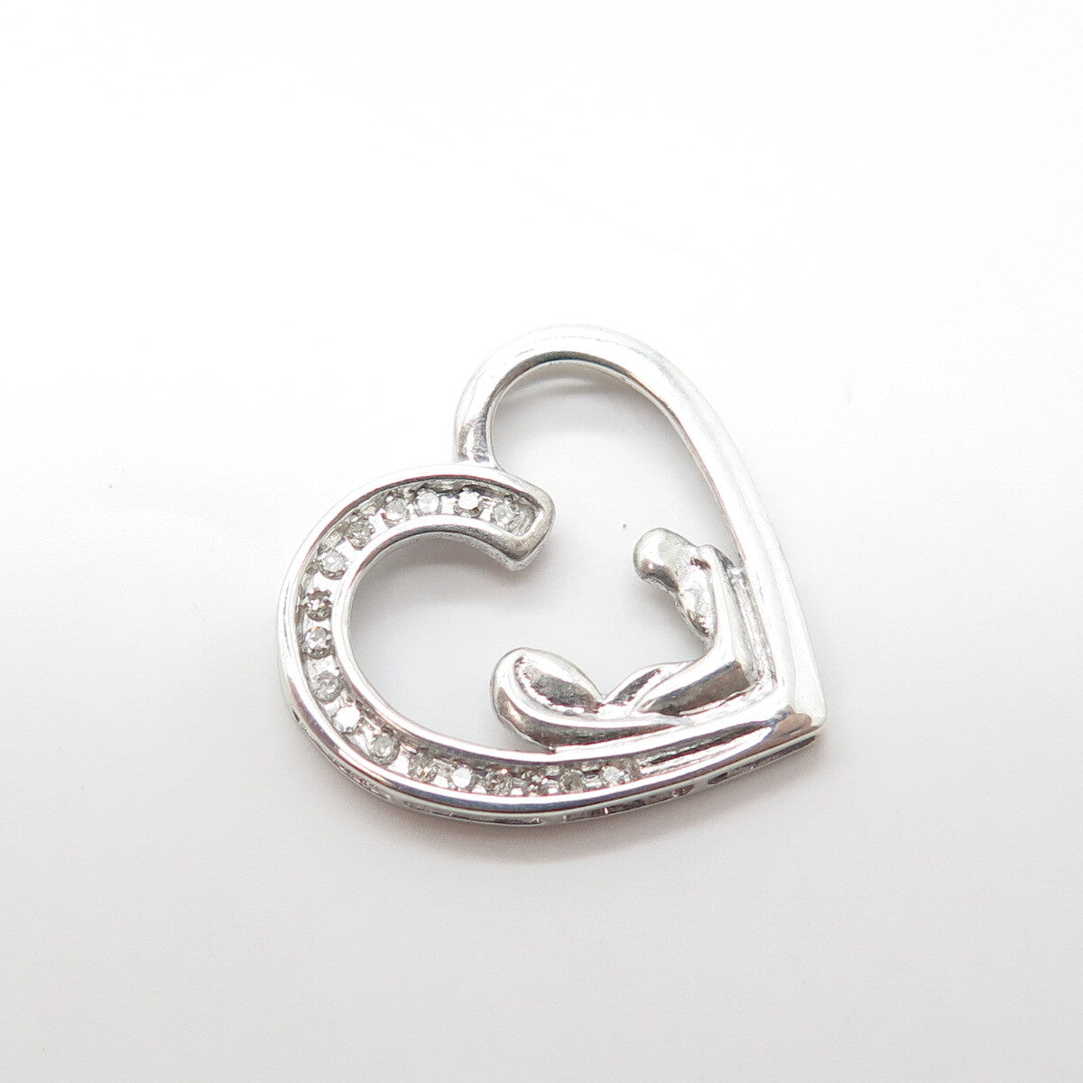 925 Sterling Silver Real White Diamond Mother & Child Open Heart Pendant