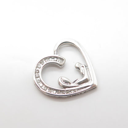 925 Sterling Silver Real White Diamond Mother & Child Open Heart Pendant