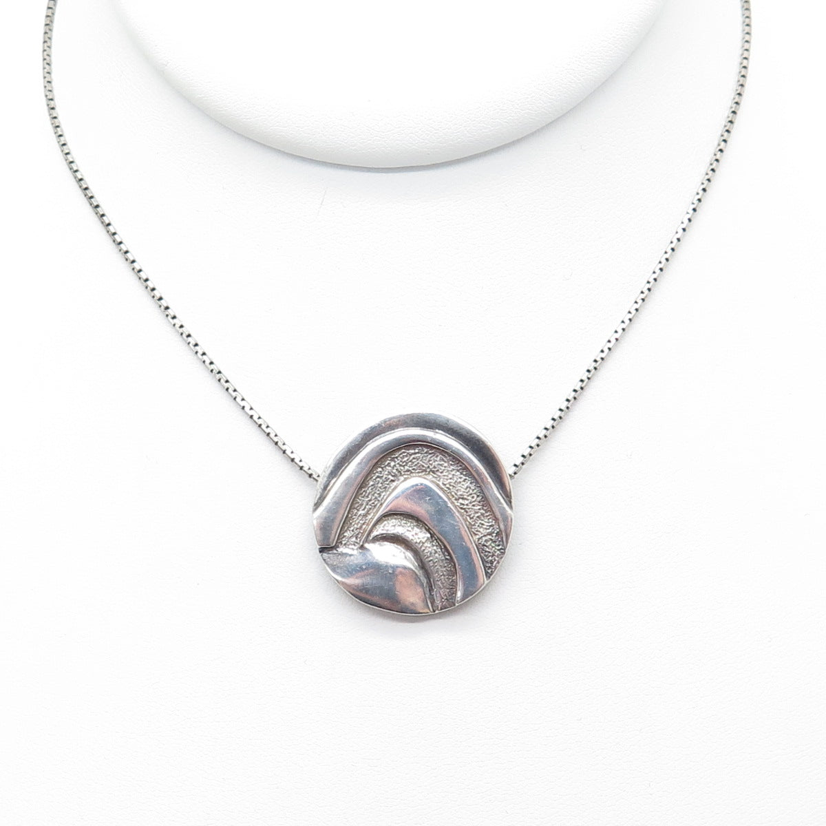 925 Sterling Silver Vintage Modernist Pendant Round Box Chain Necklace 16"