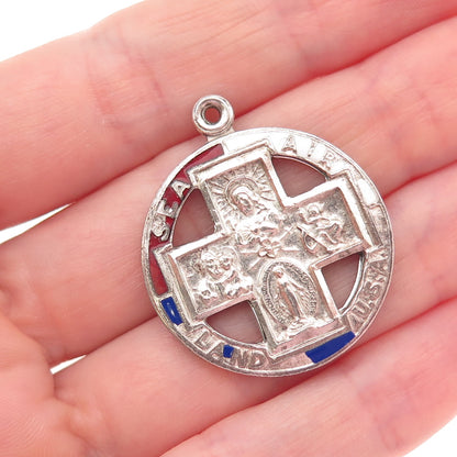 CHAPEL Sterling Antique Enamel Land Sea Air Four-Way Cross Medal Slide Pendant