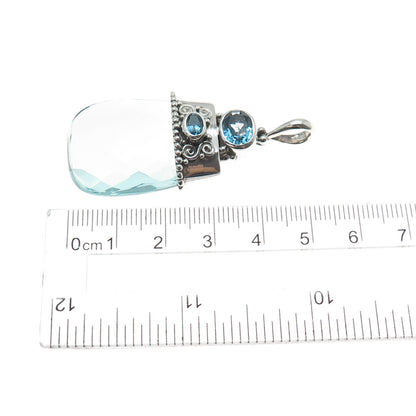 SAJEN 925 Sterling Silver Vintage Glass Real Blue Topaz Modernist Pendant