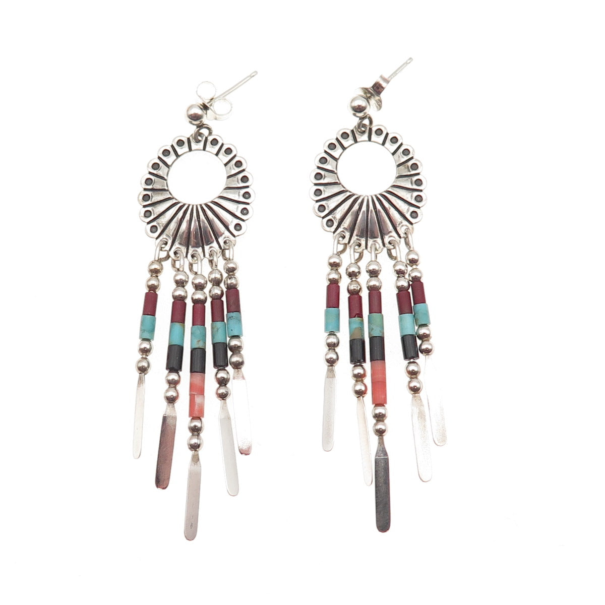 Quoc Turquoise Old Pawn Sterling Silver Vintage Southwestern Multi-Gem Earrings