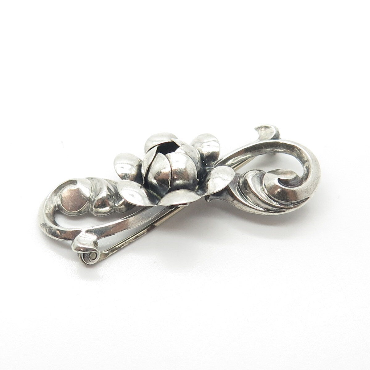 925 Sterling Silver Vintage BEAU Rose Floral Repousse Pin Brooch