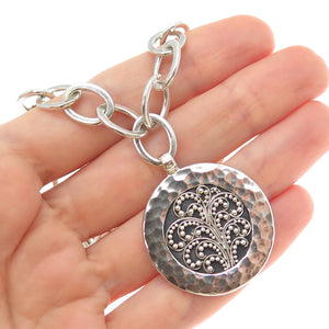 LOIS HILL 925 Sterling Vintage Granulated Scroll Hammered Pendant Necklace 16"