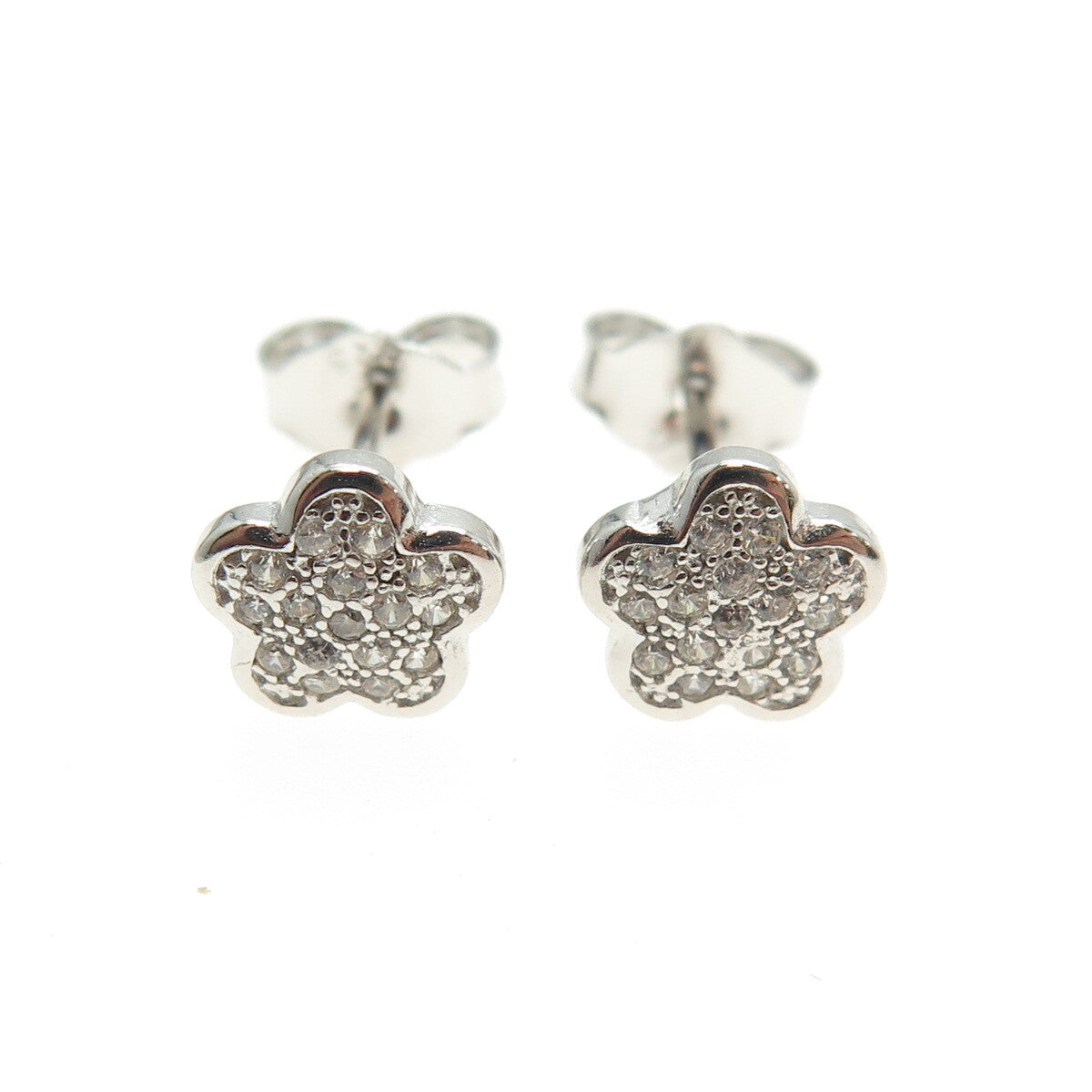 925 Sterling Silver Round-Cut C Z Flower Stud Earrings