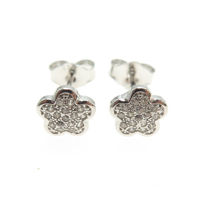 925 Sterling Silver Round-Cut C Z Flower Stud Earrings