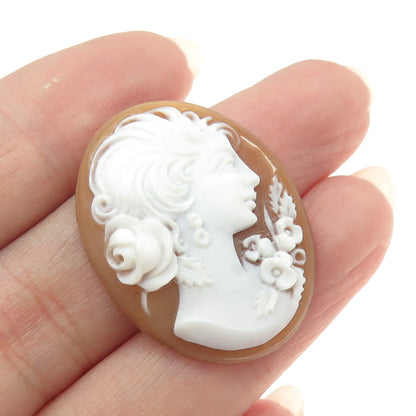 Antique Victorian Real Carved Mother-of-Pearl Floral Lady Cameo