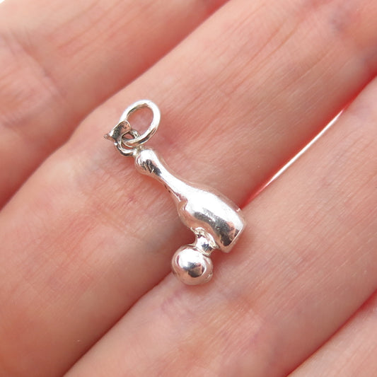 925 Sterling Silver Vintage Bowling Minimalist 3D Charm Pendant