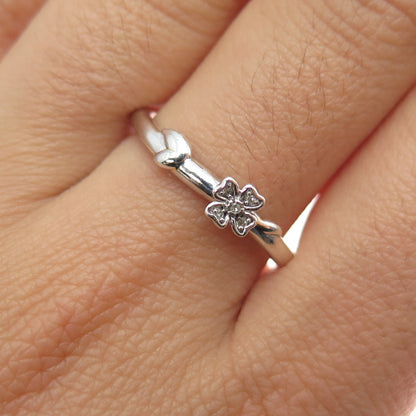 925 Sterling Silver Real Diamond Accent Flower Ring Size 9