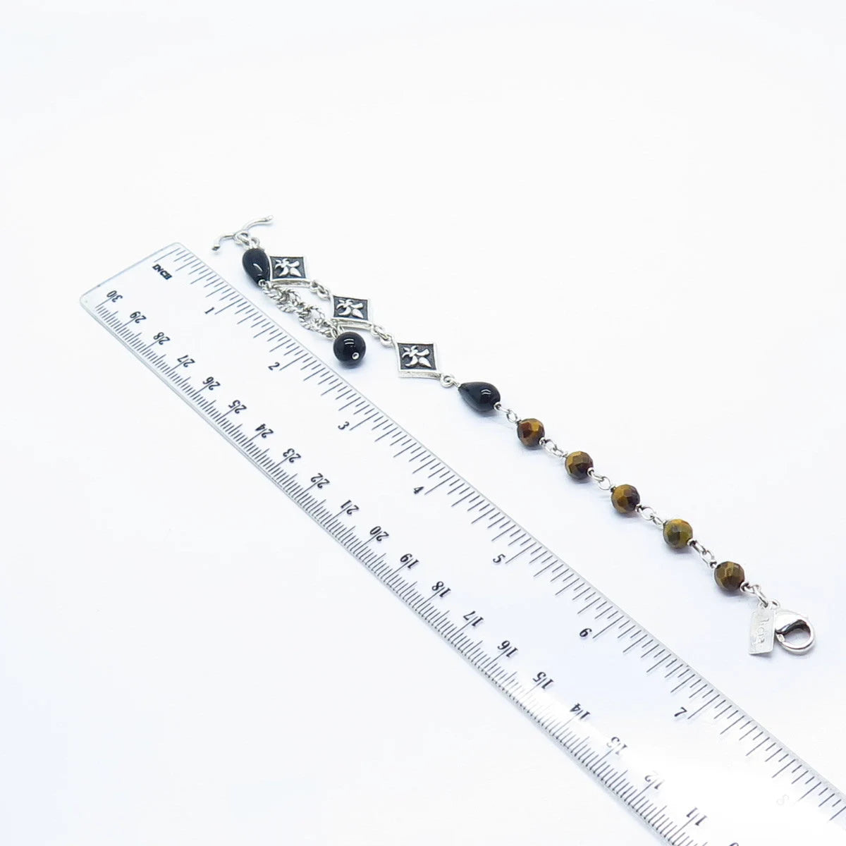 925 Sterling Silver Vintage Real Tiger Eye & Black Onyx Gem Bead Bracelet 7.25"