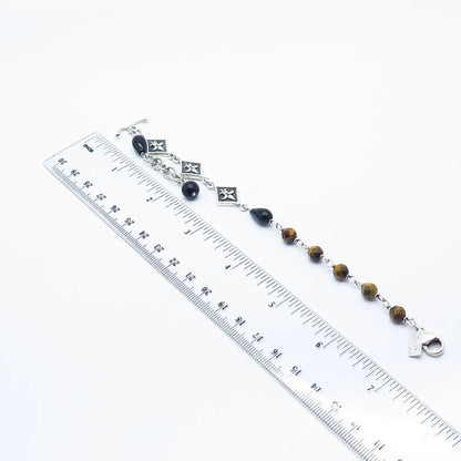 925 Sterling Silver Vintage Real Tiger Eye & Black Onyx Gem Bead Bracelet 7.25"