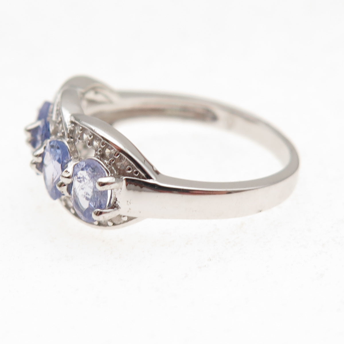 925 Sterling Silver Real Oval-Cut Tanzanite & Round-Cut White Topaz Ring Size 8