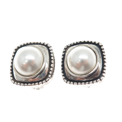 925 Sterling Silver Vintage Faux Pearl Modernist Oxidized Clip On Earrings