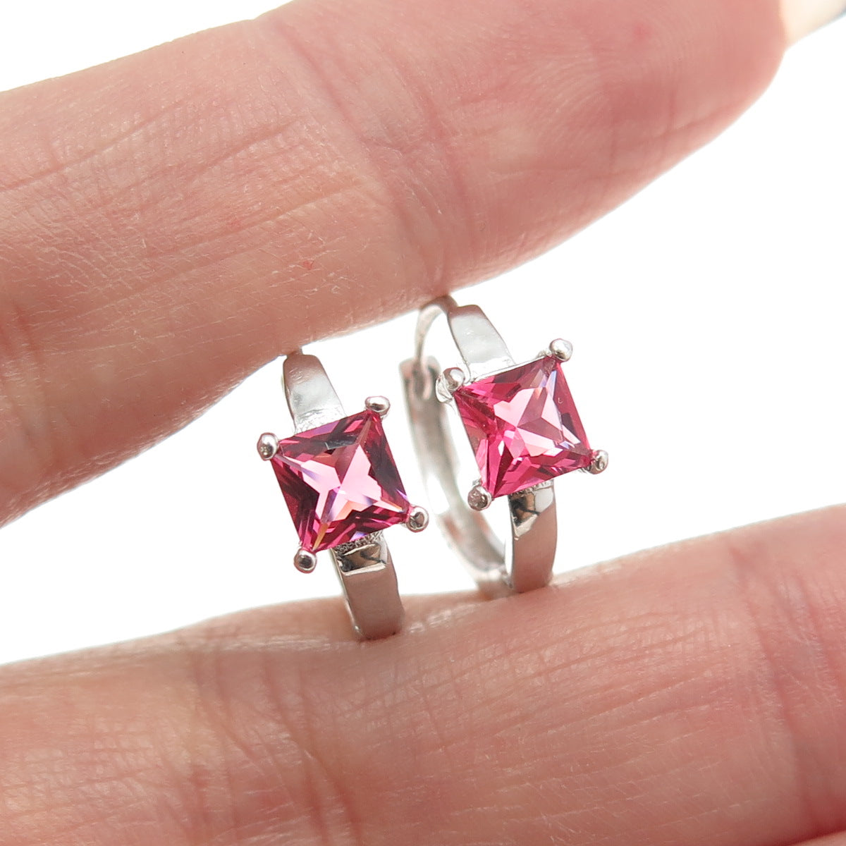 925 Sterling Silver Princess-Cut Pink C Z Hoop Earrings