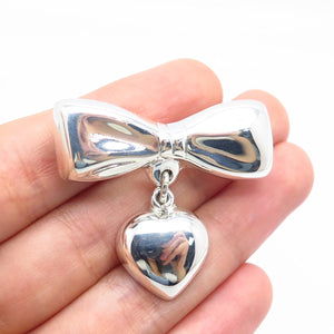 925 Sterling Silver Vintage Mexico Bow & Heart Pin Brooch