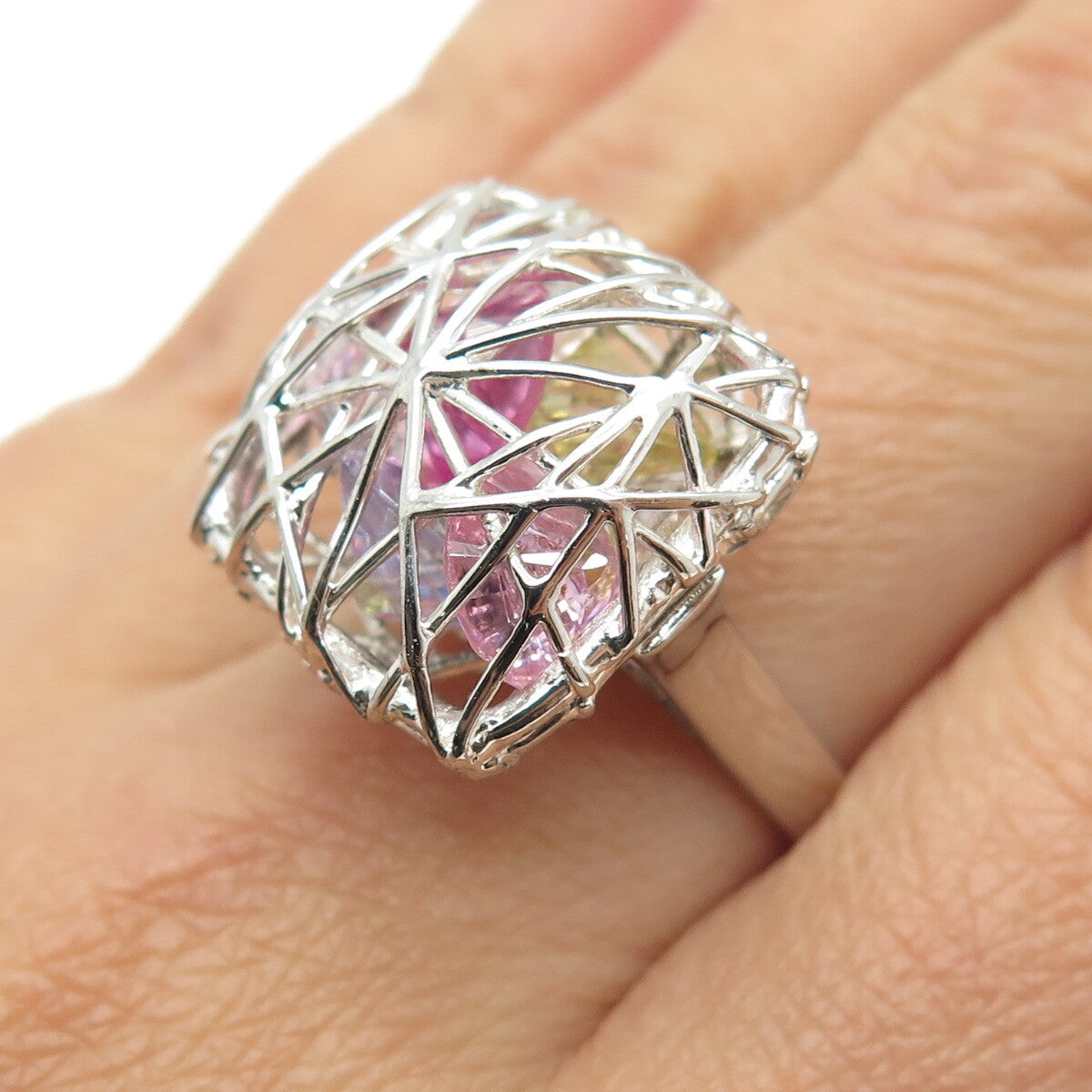 925 Sterling Silver Multi-Color C Z Spiderweb Modernist Domed Ring Size 9