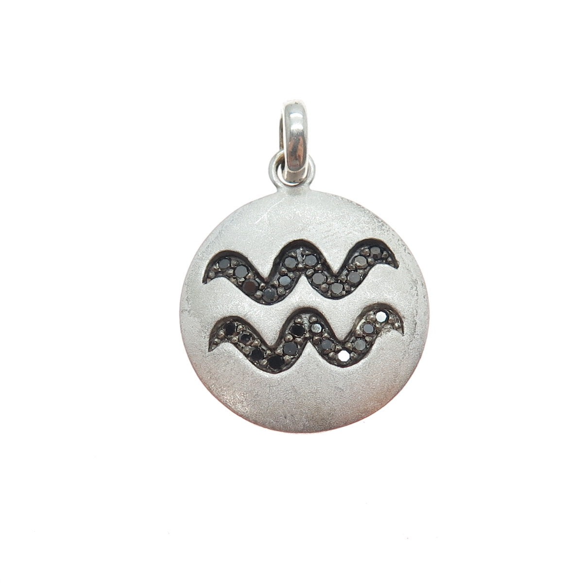 925 Sterling Silver Real Black Diamond Aquarius Zodiac Sign Tag Charm Pendant