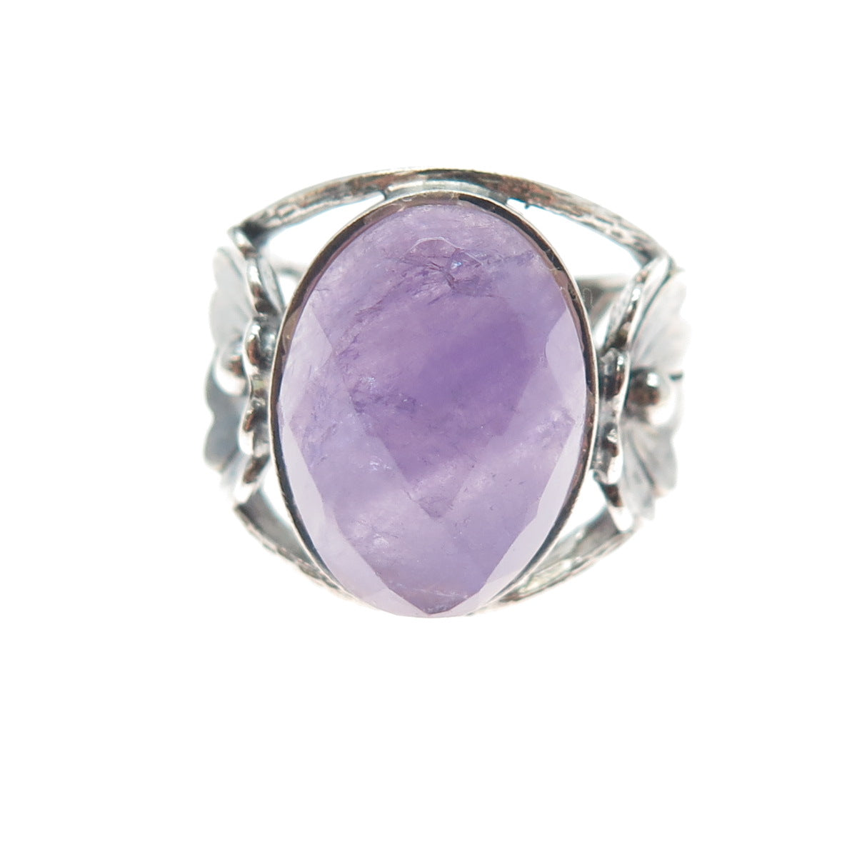 RIDER 950 Silver Vintage Real Amethyst Modernist Flower Oxidized Ring Size 8.75