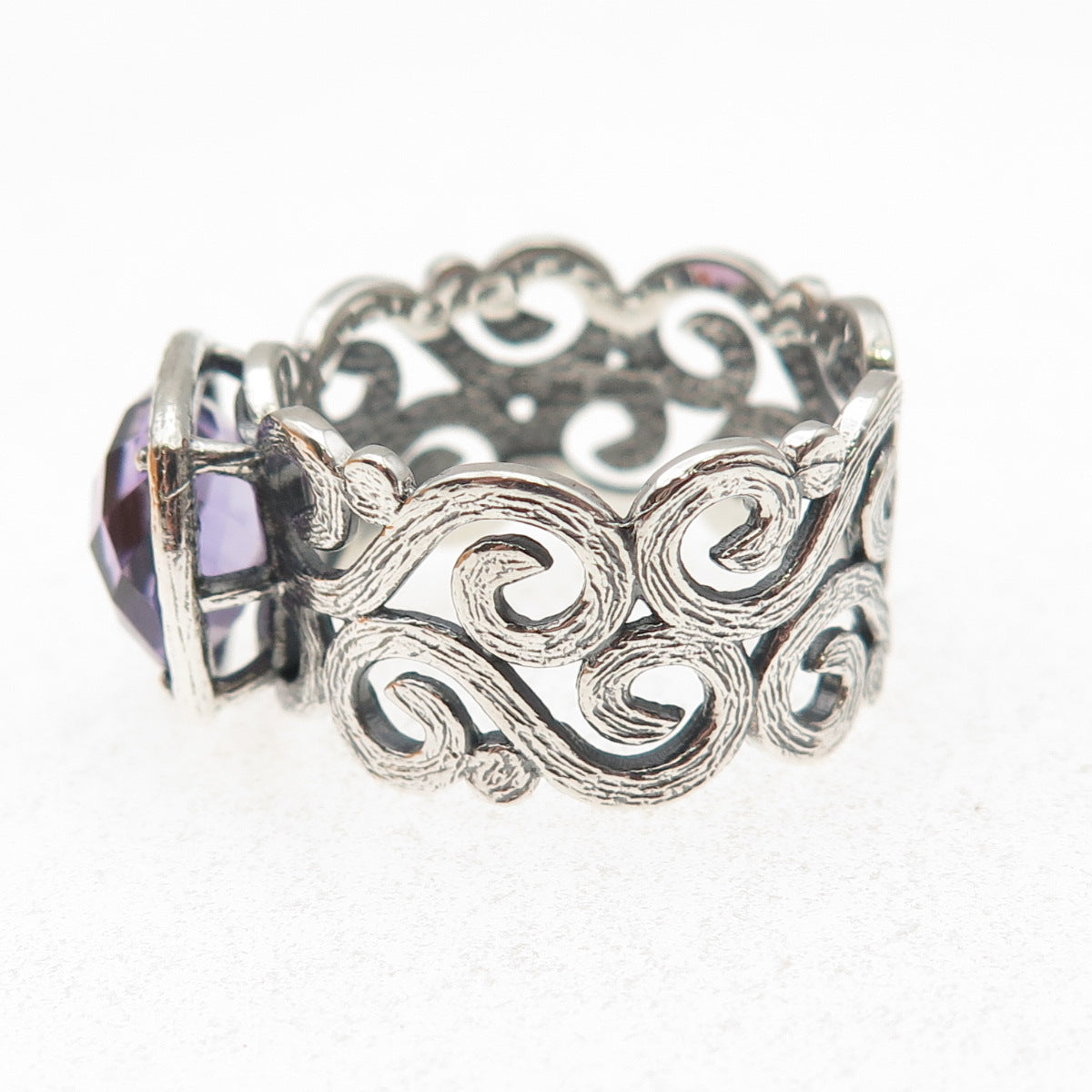 925 Sterling Silver Vintage Israel Real Amethyst Swirl Oxidized Ring Size 10