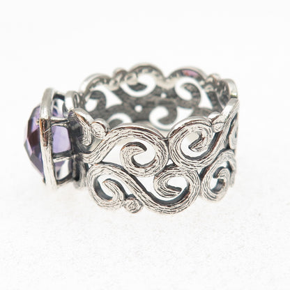 925 Sterling Silver Vintage Israel Real Amethyst Swirl Oxidized Ring Size 10