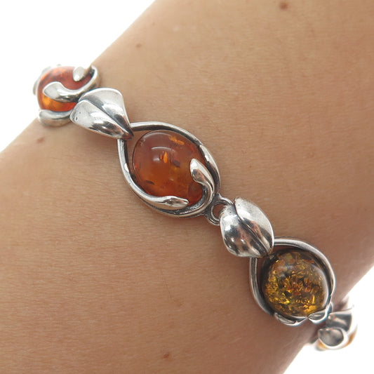 VALERIO V-8 Sterling Silver Vintage Poland Amber Modernist Floral Bracelet 6.75"